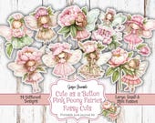 Pink Peony Fairy Fussy Cuts, Cute as a Button, Fairy Ephemera, Fairies, Junk Journal Printable, Junk Journal Kit, Cupcake Toppers, FY