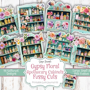 Gabinetes de boticario con flores gitanas, recortes delicados, efímeras, diario mágico, imprimible para diario basura, kit para diario basura, diarios de jengibre, estilo bohemio