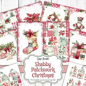 Könnte beinhalten: Druckbarer Junk-Journal-Kit mit einem schäbigen Patchwork-Weihnachtsmotiv. Das Kit enthält verschiedene Bilder in einem rot-grün-weißen Farbschema mit einem Strumpf, Glocken, einem Geschenk, einem Nussknacker und einer Weihnachtsstern.