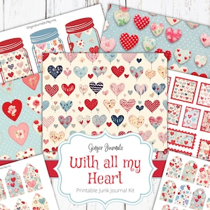 Hearts Junk Journal Kit, Valentine Junk Journal Ephemera, Junk Journal Printable, Heart Junk Journal, Valentine Ephemera, Printable, VT
