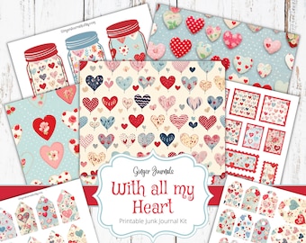Hearts Junk Journal Kit, Valentine Junk Journal Ephemera, Junk Journal Printable, Heart Junk Journal, Valentine Ephemera, Printable, VT