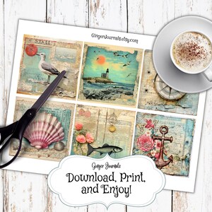 May include: Printable digital collage sheet with six vintage-style images featuring a seagull, lighthouse, seashell, fish, anchor, and flowers. The images are on a blue and white background with a distressed look.