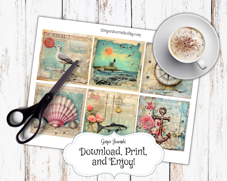 May include: Printable digital collage sheet with six vintage-style images featuring a seagull, lighthouse, seashell, fish, anchor, and flowers. The images are on a blue and white background with a distressed look.