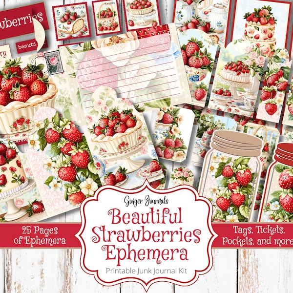 Beautiful Strawberries Ephemera Kit, Junk Journal Kit, Printable, Strawberry Junk Journal, Garden Journal, Strawberry Scrapbook, Tags