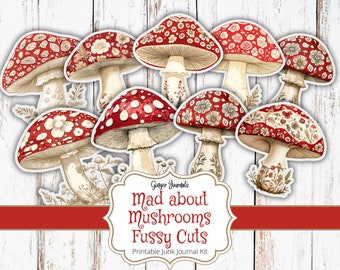 Red Mushroom Fussy Cuts, Mushroom Ephemera, Junk Journal Printable, Mushroom Junk Journal Kit, Mushroom Journal, Mushroom Tags, Bohemian