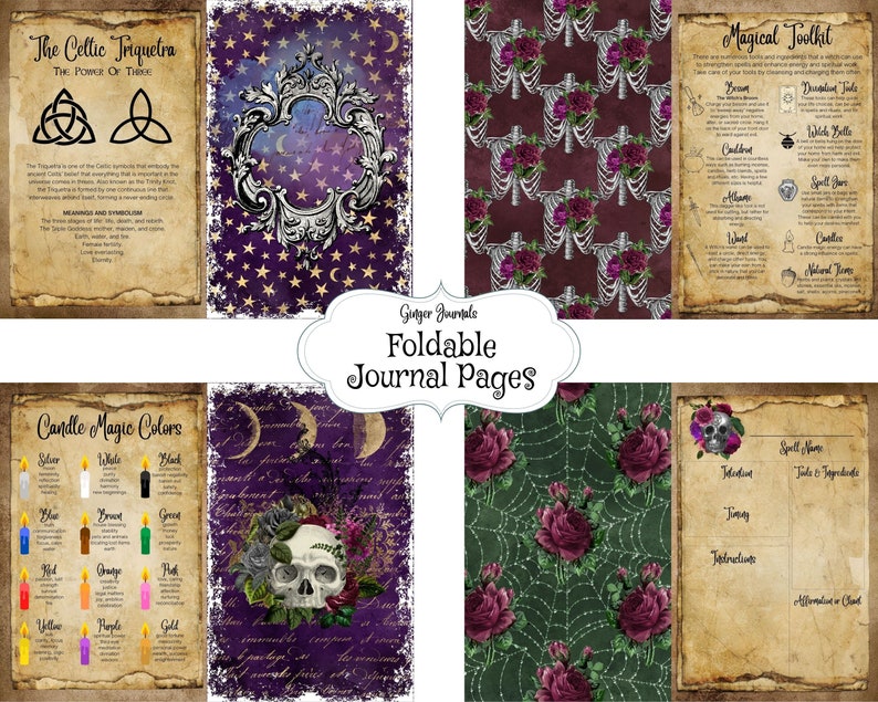 Op de afbeelding: Afdrukbare digitale journalpagina's met een heksenthema. De pagina's bevatten illustraties van een triquetra, een schedel, rozen en een spinnenweb. De pagina's bevatten ook tekst over kaarsmagiekleuren, een magische gereedschapskist en een spreukenjournaal.