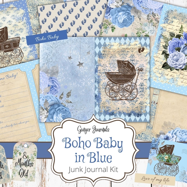 Baby Junk Journal Kit, Junk Journal Printable, Junk Journal Paper, Scrapbook, Decorative Paper, Ephemera, Bohemian, Blue Baby Journal, Boy