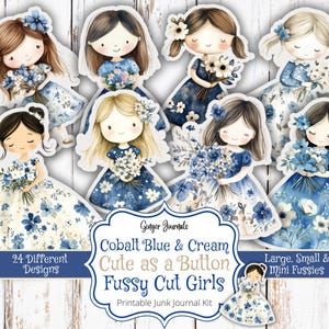 Mignon comme un bouton Filles coupes difficiles, kit de journal indésirable, bleu cobalt minable et crème, éphémère bleu, journal indésirable imprimable, floral bleu, étiquettes