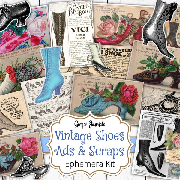 Vintage Shoes Ads and Scraps, Shoe Ephemera, Fashion Ephemera, Junk Journal Printable, Printable Scrapbook, Collage Papers, Add Ons