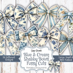 Shabby Bows Fussy Cuts, Azul e Creme, Kit de Diário de Lixo, Diário de Lixo para Imprimir, Etiquetas Azuis, Efêmeras Azuis, Laços, Diários de Gengibre
