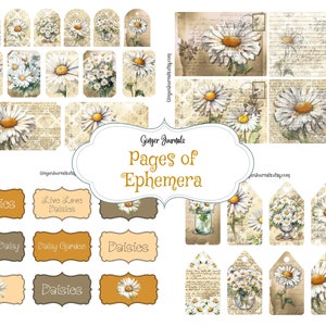 May include: A digital collage sheet featuring vintage-style images of daisies, with text that reads "Ginger Journals Pages of Ephemera". The sheet includes various tags with daisy motifs and text such as "Daisies", "Live Love Daisies", "Sweet Daisy", "Daisy Garden", and "Daisies".