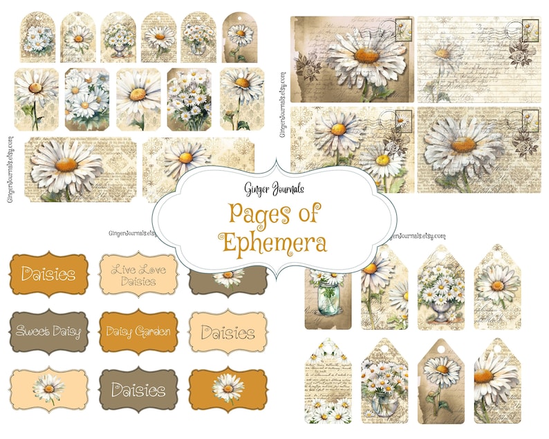 May include: A digital collage sheet featuring vintage-style images of daisies, with text that reads "Ginger Journals Pages of Ephemera". The sheet includes various tags with daisy motifs and text such as "Daisies", "Live Love Daisies", "Sweet Daisy", "Daisy Garden", and "Daisies".