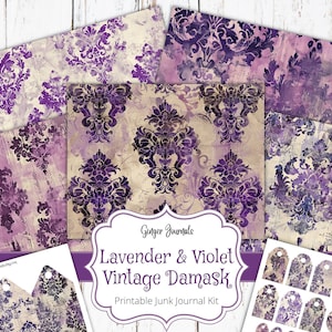 Lavendel & Violet Vintage Damast Junk Journal Kit, Ephemera, Junk Journal Printable, Journal Papier, Scrapbook, Musterseiten, GingerJournals