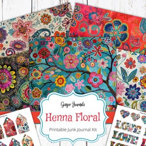 Kit de diario basura de 30 páginas, diseño floral de henna, imprimible para diario basura, papel para diario, papel para álbum de recortes, diarios de jengibre, boho, boho, flores