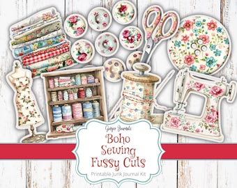 May include: A printable junk journal kit with a boho sewing theme. The kit includes images of a sewing machine, spools of thread, buttons, fabric scraps, and a vintage-style sewing cabinet. The text "Ginger Journals Boho Sewing Fussy Cuts Printable Junk Journal Kit" is included in the image.