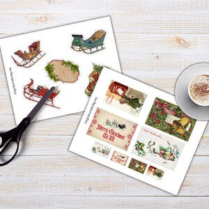 May include: Printable vintage Christmas images featuring a red sleigh with a bell, a green sleigh with a red and white striped blanket, a red mailbox with a Christmas card, a wreath with a bell, and a Christmas card with the text "Merry Christmas to all".
