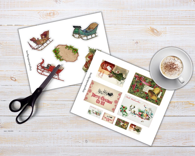 May include: Printable vintage Christmas images featuring a red sleigh with a bell, a green sleigh with a red and white striped blanket, a red mailbox with a Christmas card, a wreath with a bell, and a Christmas card with the text "Merry Christmas to all".