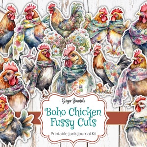 Découpes difficiles de journal poulet indésirable, poulet bohème, journal indésirable imprimable, kit de journal indésirable, éphémères, éphémères poulet, journaux gingembre