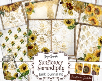Puede incluir: Un kit de diario de chatarra digital con un tema de girasol. El kit incluye papeles estampados, pegatinas y adornos. El título del kit es "Sunflower Serendipity Junk Journal Kit".