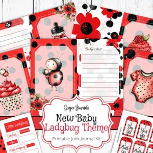 May include: A set of printable junk journal kit elements with a ladybird theme. The designs feature red, black, and white polka dots, ladybird illustrations, and floral accents. Includes tags, journal cards, and stickers with the text "New Baby Ladybug Theme".