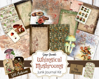 Whimsical Mushrooms Journal Kit, Mushroom Journal, Junk Journal Printable, Junk Journal Pages, Mushroom Scrapbook Paper, Journal Paper