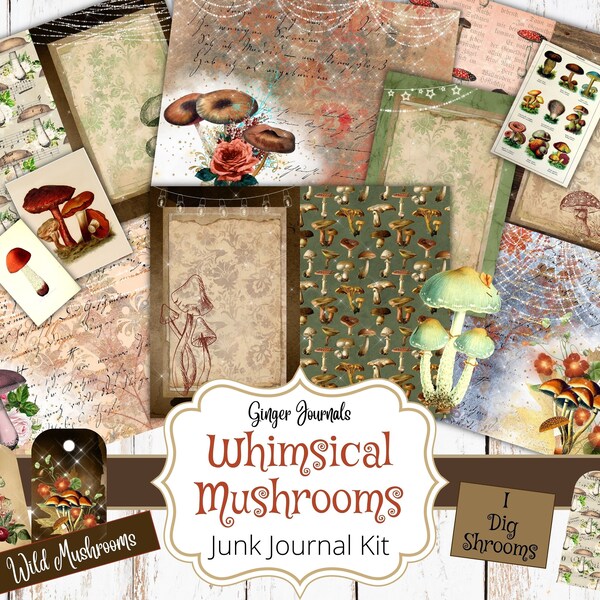 Whimsical Mushrooms Journal Kit, Mushroom Journal, Junk Journal Printable, Junk Journal Pages, Mushroom Scrapbook Paper, Journal Paper