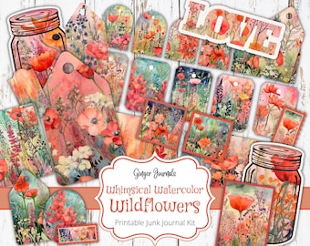 Wildflower Junk Journal Kit, Junk Journal Kit, Junk Journal Printable, Printable Ephemera, Floral Journal  Ginger Journals, Coral Ephemera