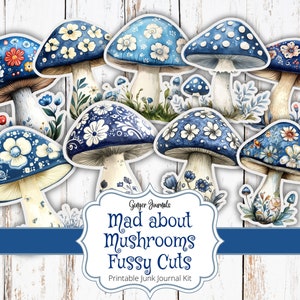 Blue Mushroom Fussy Cuts, Cogumelos Ephemera, Diário de Lixo para Imprimir, Etiquetas de Cogumelos, Diário de Lixo de Cogumelos, Louco por Cogumelos, Boho