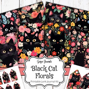 Schwarze Katze Blumen Junk Journal Kit, Junk Journal zum Ausdrucken, Junk Journal Papier, Scrapbook, Schäbige Katze, Ephemera, Ginger Journals, CT
