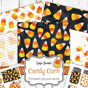 Peut inclure: Kit de journal de rebut imprimable sur le thème du maïs sucré. Le kit comprend des papiers à motifs, des autocollants et une page de titre avec le texte "Ginger Journals Candy Corn Printable Junk Journal Kit".