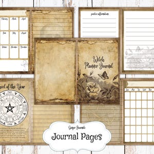 May include: Printable journal pages with a vintage aesthetic. The pages feature a calendar, a wheel of the year, and space for positive affirmations. The text "Witch Planner Journal" is featured on one of the pages.