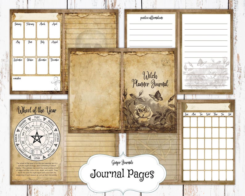 May include: Printable journal pages with a vintage aesthetic. The pages feature a calendar, a wheel of the year, and space for positive affirmations. The text "Witch Planner Journal" is featured on one of the pages.