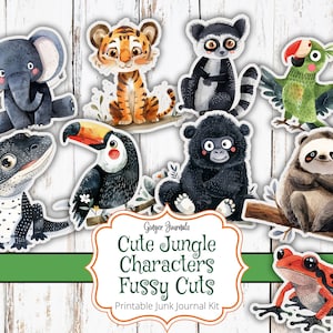May include: A printable junk journal kit with cute jungle animal illustrations. The kit includes a toucan, elephant, monkey, sloth, frog, lemur, tiger, and lizard. The illustrations are in a watercolor style and are perfect for adding a touch of whimsy to your journal.
