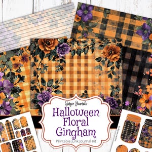 May include: A collection of printable junk journal kit elements. The designs feature orange and black gingham patterns, floral arrangements with purple and orange flowers, and decorative jar illustrations. The text reads "Halloween Floral Gingham".