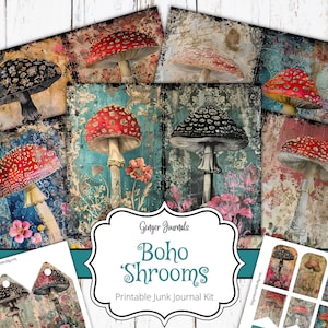 Boho Mushroom Junk Journal Kit, Ephemera, Junk Journal para impressão, Scrapbook, papéis de cogumelo, Junk Journal para impressão, GingerJournals