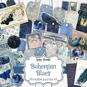 Bohemian Blues Junk Journal Kit, Junk Journal Printable, Journal Paper, Blue Junk Journal, Boho Journal, Blue Ephemera, Ginger Journals