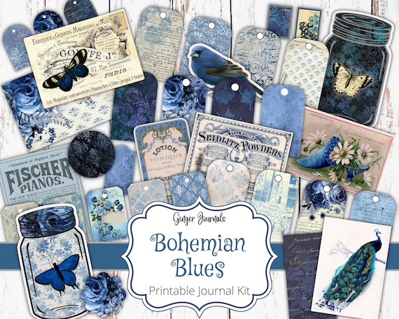 Bohemian Blues Junk Journal Kit, Junk Journal Printable, Journal Paper, Blue Junk Journal, Boho Journal, Blue Ephemera, Ginger Journals