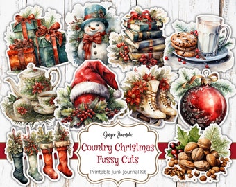May include: A digital printable junk journal kit with a country Christmas theme. The kit includes images of a snowman, a teapot, a stack of books, a glass of milk, a plate of cookies, a Christmas ornament, a pair of ice skates, a stocking, and a bowl of nuts. The kit is titled "Country Christmas Fussy Cuts" and is by Ginger Journals.