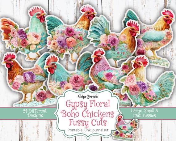 Gypsy Floral Boho Chickens Fussy Cuts, Chicken Tags, Ephemera, Chicken Journal, Junk Journal Printable, Junk Journal Kit, Ginger Journals