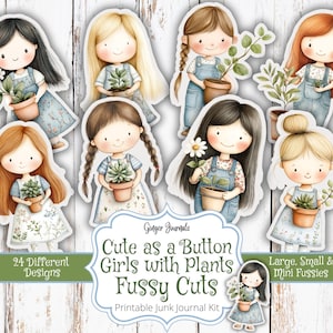 Chicas con plantas: cortes delicados, adorables, kit para diario basura, kit para diario de jardín, imprimible para diario basura, vegetación, diarios de jengibre