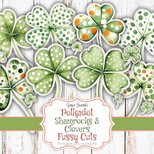 Polkadot Shamrocks & Clovers Fussy Cuts, Ephemera koniczyny, Ephemera na dzień św. Patryka, Junk Journal Printable, Tagi, Irish Junk Journal, SP