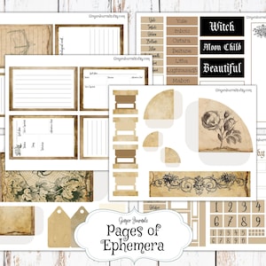 May include: A digital printable pack of vintage style ephemera with a variety of designs, including a floral motif, a calendar, and a set of numbers. The pack is titled "Ginger Journals Pages of Ephemera".