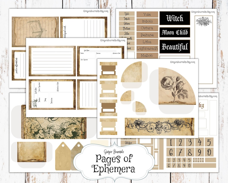 May include: A digital printable pack of vintage style ephemera with a variety of designs, including a floral motif, a calendar, and a set of numbers. The pack is titled "Ginger Journals Pages of Ephemera".