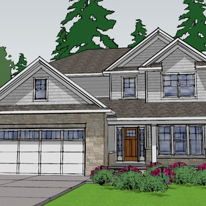 May include: A two-story house with a stone facade and a garage door. The house has a brown door and a large window on the front. There are trees and bushes in the yard.