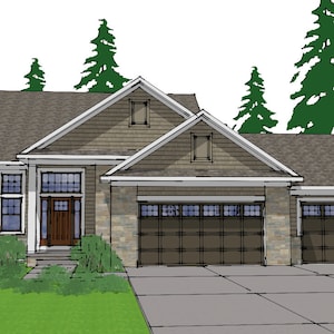 May include: A brown and grey house with a stone facade and a double garage door. The house has a large front window and a small window on the side. There are trees in the background.