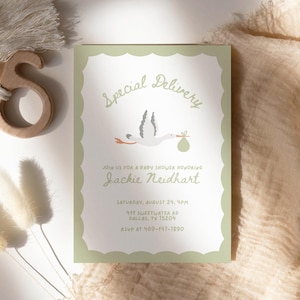 Stork Baby Shower Invite Template, Special Delivery Invitation Digital Download, Neutral Baby Shower Canva Template, Editable Shower Invite