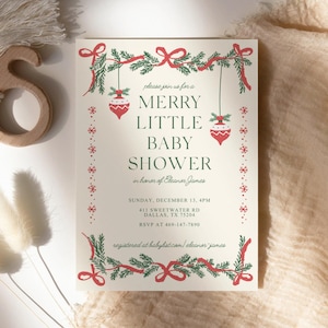 Merry Little Baby Shower Invitation, Vintage Christmas Baby Shower Template, Red and Green Holiday Baby Shower, Editable Canva Invite