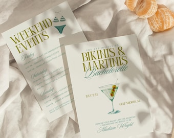 Martinis and Bikinis Bachelorette Invitation and Itinerary Template, Editable Canva Template, Digital Bachelorette Party Weekend Invite