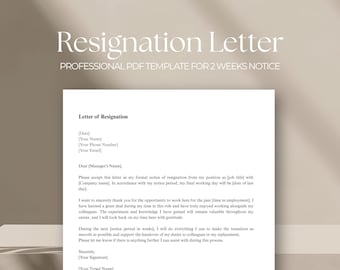Resignation Letter Template, Two Weeks Notice Letter, Microsoft Word/Google Docs, Simple Letter of Resignation Template, Word Template PDF