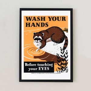 Public Health Raccoon Wash Hands Advertising Vintage Poster Antique Decor Wall Art Print